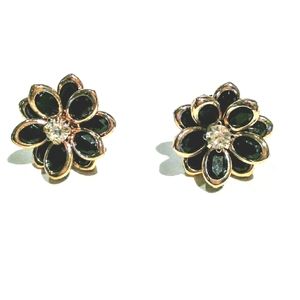 Camelia Flower Earrings BLACK w Simulated Diamonds - Pierced